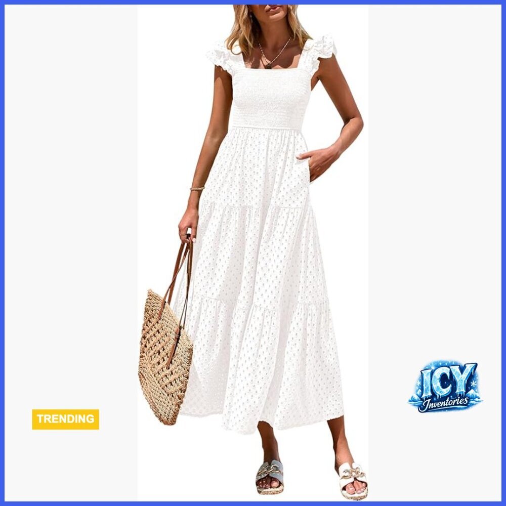 100% Cotton Maxi Dress with Pockets, Square Neck, Cap Sleeve